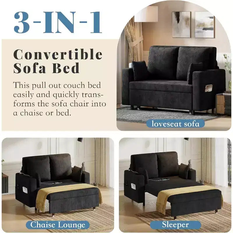 Divano Letto Estraibile 3 in 1, Divano Letto Convertibile, Divano a Due Posti con Portabicchieri, USB e Tasca Laterale, Cuscini Decorativi Inclusi