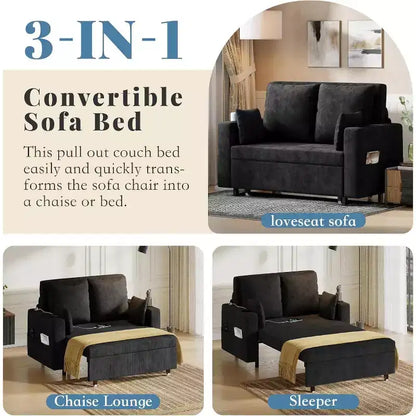 Divano Letto Estraibile 3 in 1, Divano Letto Convertibile, Divano a Due Posti con Portabicchieri, USB e Tasca Laterale, Cuscini Decorativi Inclusi