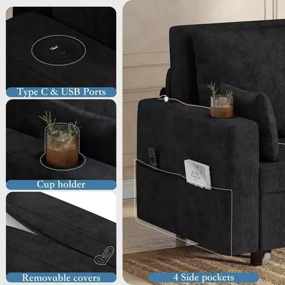 Divano Letto Estraibile 3 in 1, Divano Letto Convertibile, Divano a Due Posti con Portabicchieri, USB e Tasca Laterale, Cuscini Decorativi Inclusi