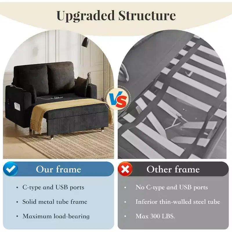 Divano Letto Estraibile 3 in 1, Divano Letto Convertibile, Divano a Due Posti con Portabicchieri, USB e Tasca Laterale, Cuscini Decorativi Inclusi