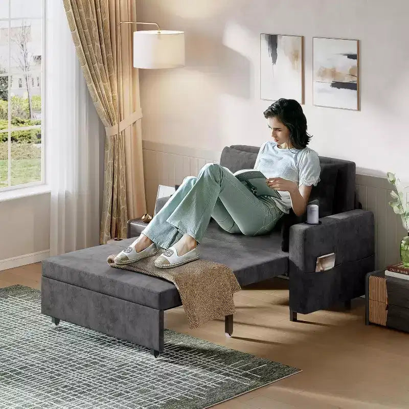 Divano Letto Estraibile 3 in 1, Divano Letto Convertibile, Divano a Due Posti con Portabicchieri, USB e Tasca Laterale, Cuscini Decorativi Inclusi