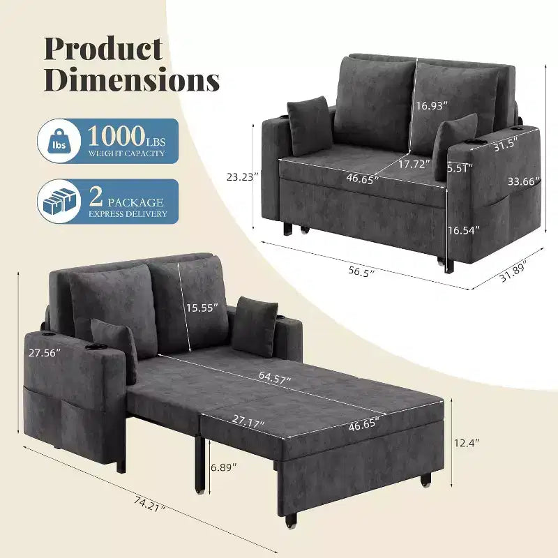 Divano Letto Estraibile 3 in 1, Divano Letto Convertibile, Divano a Due Posti con Portabicchieri, USB e Tasca Laterale, Cuscini Decorativi Inclusi