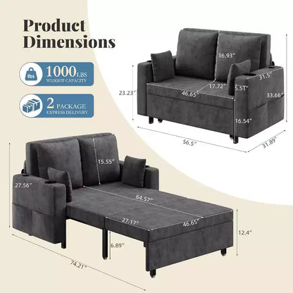 Divano Letto Estraibile 3 in 1, Divano Letto Convertibile, Divano a Due Posti con Portabicchieri, USB e Tasca Laterale, Cuscini Decorativi Inclusi