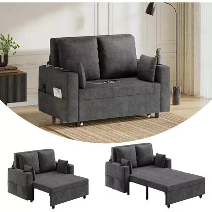 Divano Letto Estraibile 3 in 1, Divano Letto Convertibile, Divano a Due Posti con Portabicchieri, USB e Tasca Laterale, Cuscini Decorativi Inclusi