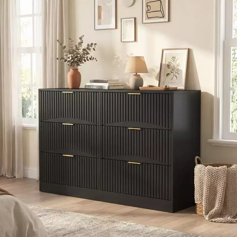 Whisen 6 Drawer Dresser Chest of Drawers Modern Storage Cabinet with Wavy Pattern Panel Particle Board Sturdy Construction Large Storage