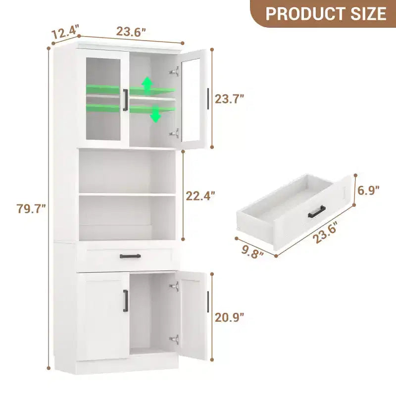 Credenza dispensa da cucina alta 80", libreria contenitore con anta in vetro e cassetto in legno