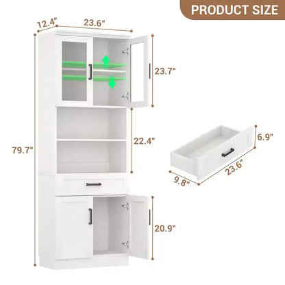 Credenza dispensa da cucina alta 80", libreria contenitore con anta in vetro e cassetto in legno
