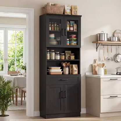 Credenza dispensa da cucina alta 80", libreria contenitore con anta in vetro e cassetto in legno
