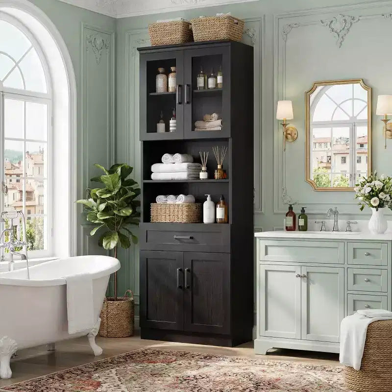Credenza dispensa da cucina alta 80", libreria contenitore con anta in vetro e cassetto in legno