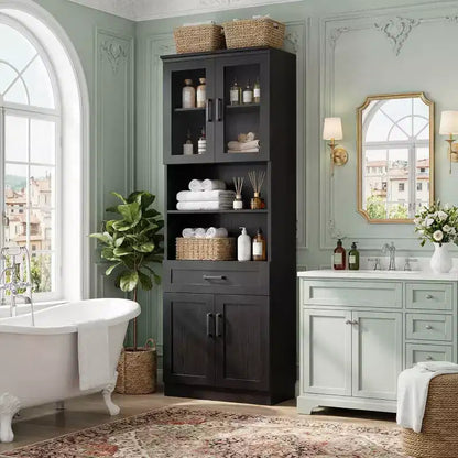 Credenza dispensa da cucina alta 80", libreria contenitore con anta in vetro e cassetto in legno