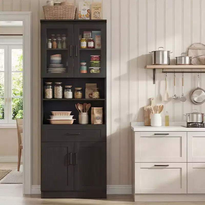Credenza dispensa da cucina alta 80", libreria contenitore con anta in vetro e cassetto in legno