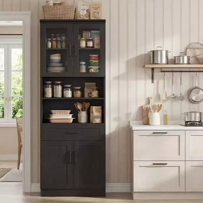 Credenza dispensa da cucina alta 80", libreria contenitore con anta in vetro e cassetto in legno