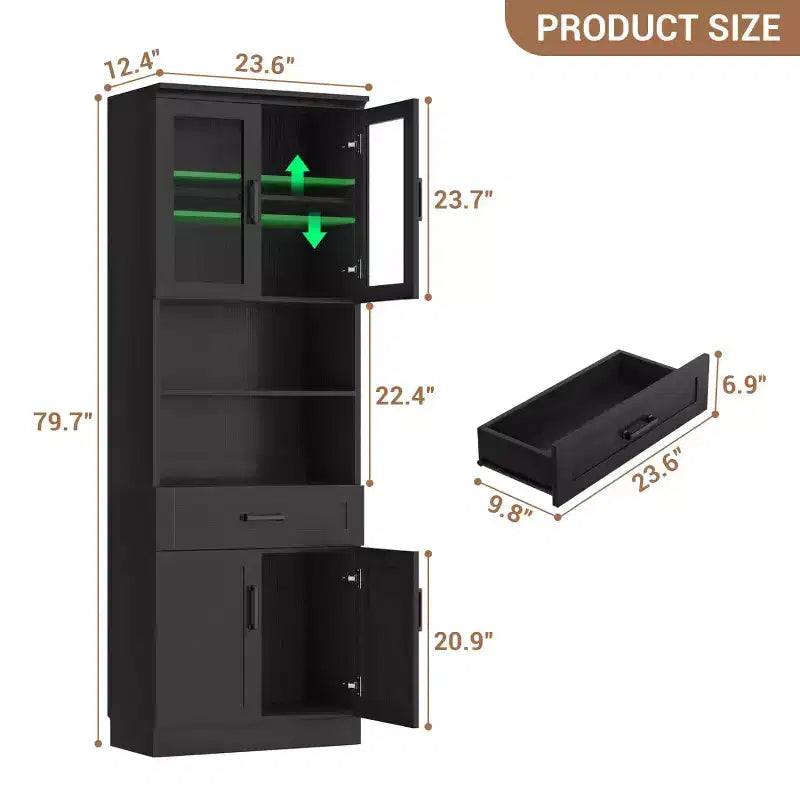 Credenza dispensa da cucina alta 80", libreria contenitore con anta in vetro e cassetto in legno