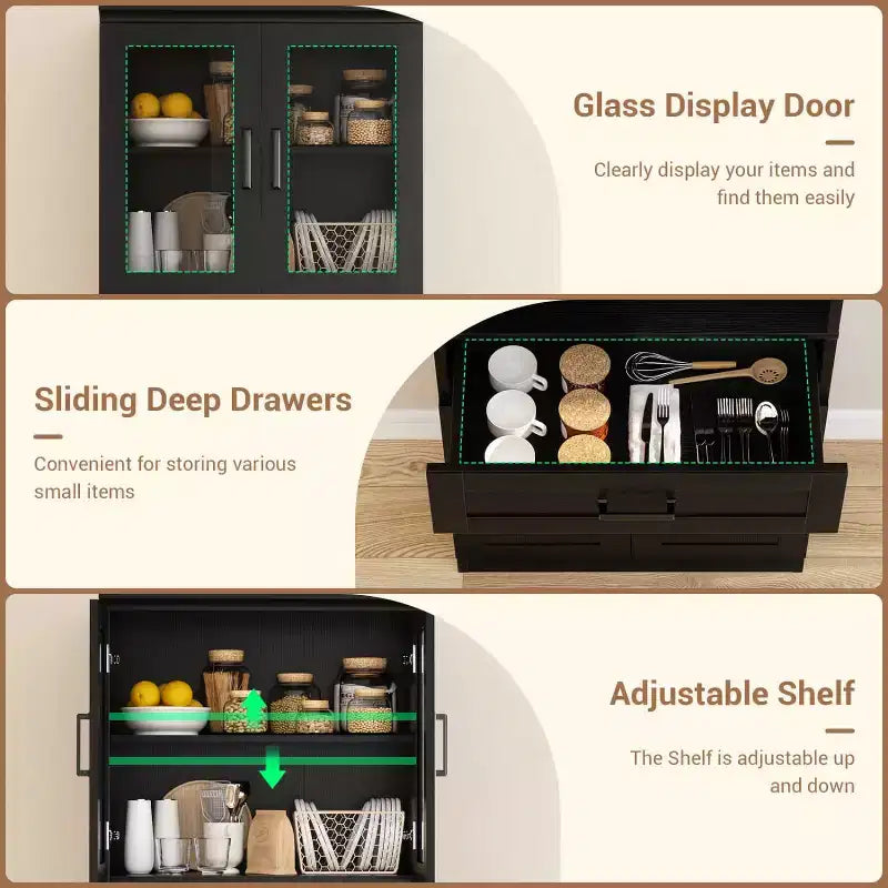 Credenza dispensa da cucina alta 80", libreria contenitore con anta in vetro e cassetto in legno