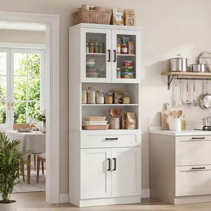 Credenza dispensa da cucina alta 80", libreria contenitore con anta in vetro e cassetto in legno
