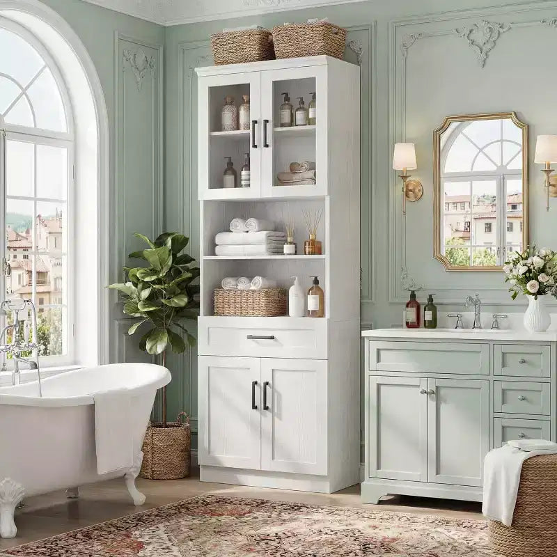Credenza dispensa da cucina alta 80", libreria contenitore con anta in vetro e cassetto in legno