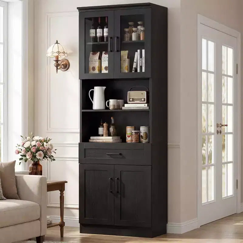 Besiost 80'' Tall Kitchen Pantry Cabinet, Storage Bookcase with Glass Door and Wood Drawer