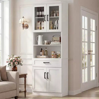Credenza dispensa da cucina alta 80", libreria contenitore con anta in vetro e cassetto in legno